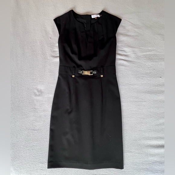 Calvin Klein sheath dress with gold accents and shallow V-neck front. - Picture 6 of 7